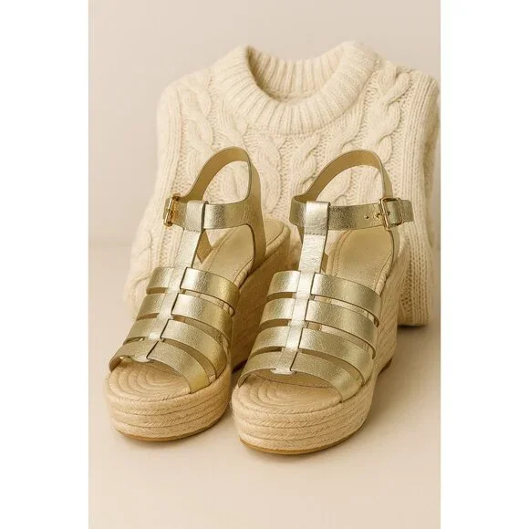 Tory Burch Espadrille Wedge Sandals Spark Gold Metallic Leather New Size 5.5 - Picture 3 of 16